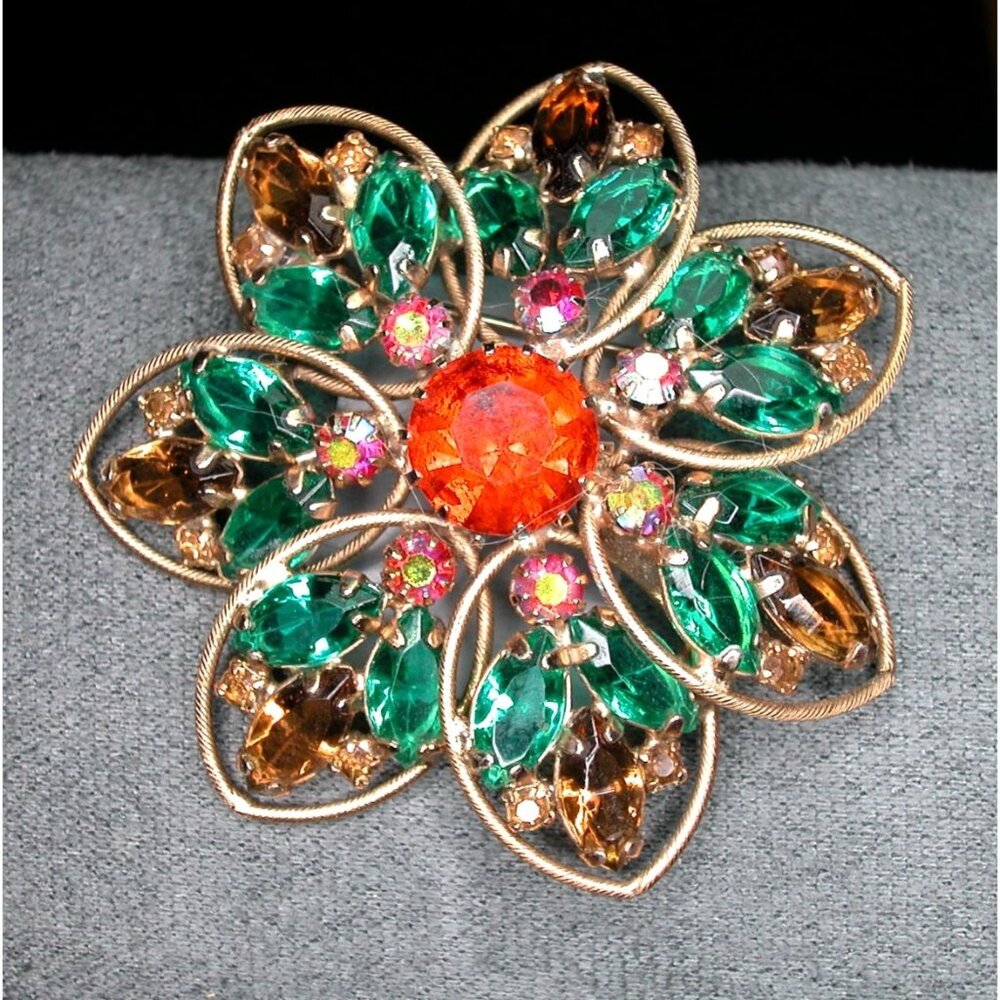 Weiss Rhinestone Flower Brooch Pin Green, Amber, Orange, & ABS Crystal Accents